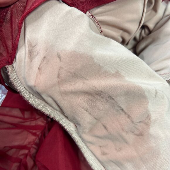 House of CB London Fifi Dress Sheer Ruched Mini Off Shoulder Red Wine Medium - Picture 16 of 16